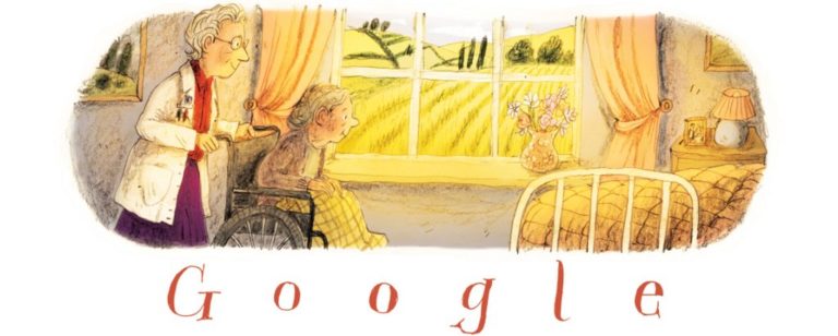 Ilustración de una cuidadora y una niña junto a la ventana, con el logo al fondo