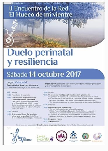 Cartel del evento "Duelo perinatal y resiliencia" con agenda y contacto, en Madrid; una senda entre árboles envuelta en niebla ilustra la parte superior