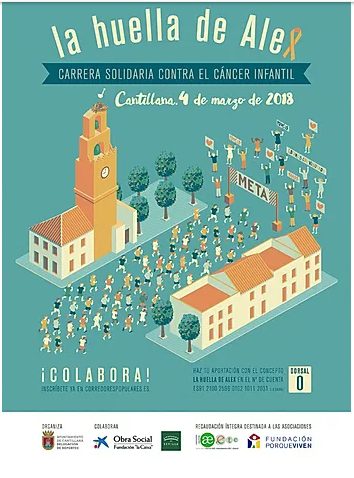 Cartel de La huella de Alex, carrera solidaria por el cáncer infantil, con la Fundación porqueViven y otros apoyos