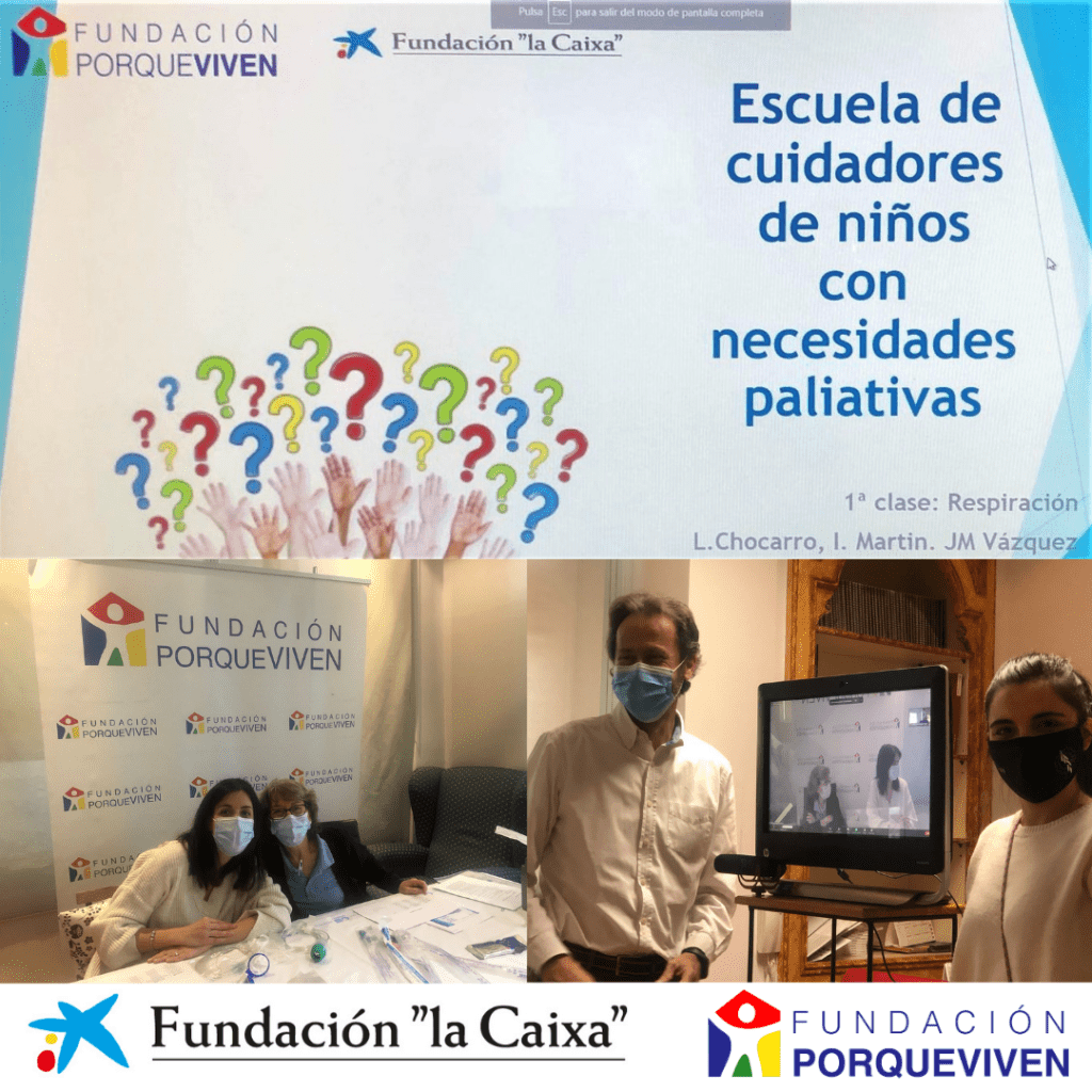 Collage con la diapositiva "Escuela de cuidadores de niños con necesidades paliativas", tres profesionales y logos y Fundación la Caixa