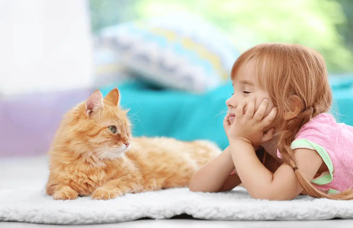 Niña pelirroja tumbada junto a su gato naranja, compartiendo un instante de compañía en cuidados paliativos porqueViven