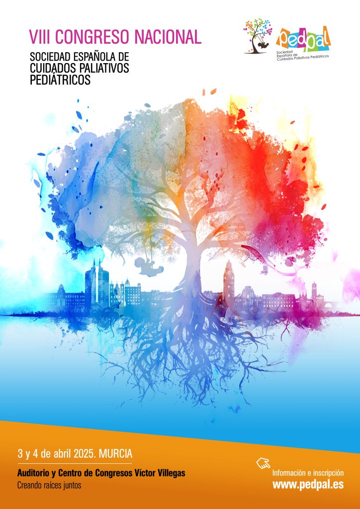 Cartel del 8º Congreso Nacional de Cuidados Paliativos Pediátricos, Madrid 2025, con un árbol y la ciudad en colores vivos presente