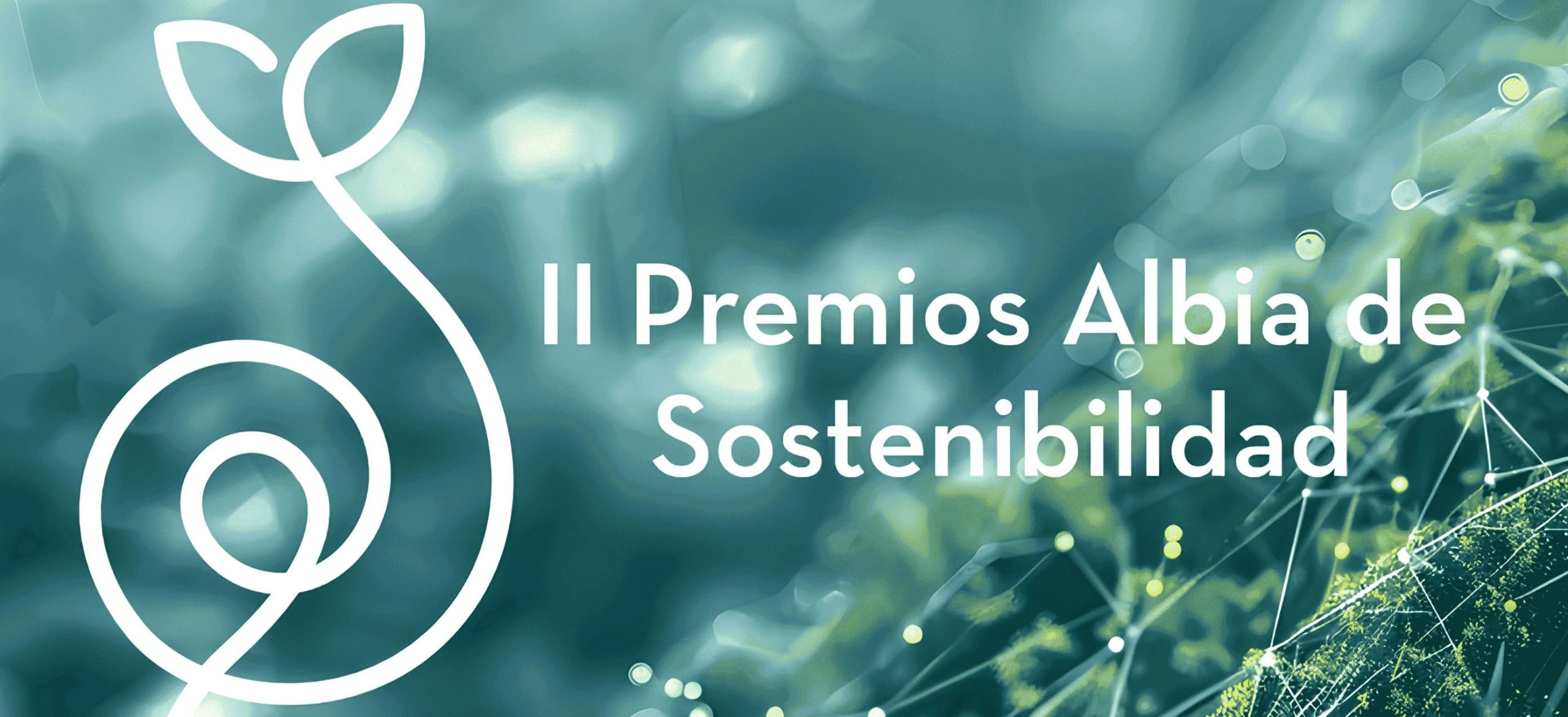 Ilustración de un brote y texto "II Premios Albia de Sostenibilidad" sobre fondo azul verdoso, resaltando la unión con para apoyar
