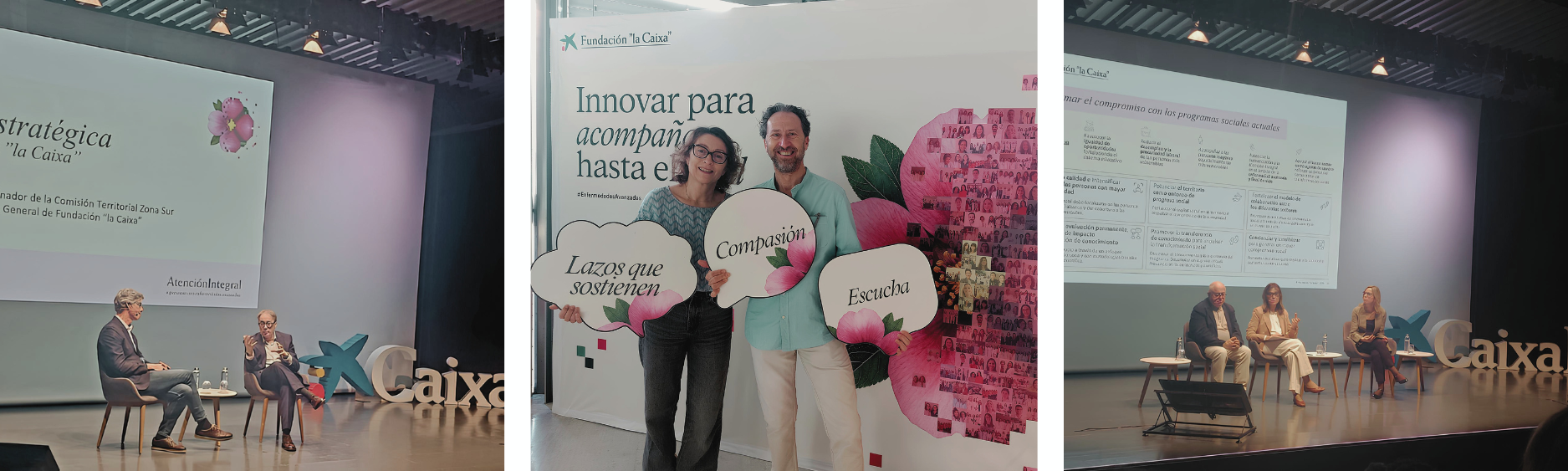 Tres fotos de un acto: dos hombres trajeados hablan en un escenario con sillas y la marca de la Caixa; un hombre y una mujer sonríen, sosteniendo carteles con globos de diálogo sobre la atención psicosocial; un panel de cuatro miembros de la EAPS se sienta en el escenario con una diapositiva de presentación detrás de ellos.
